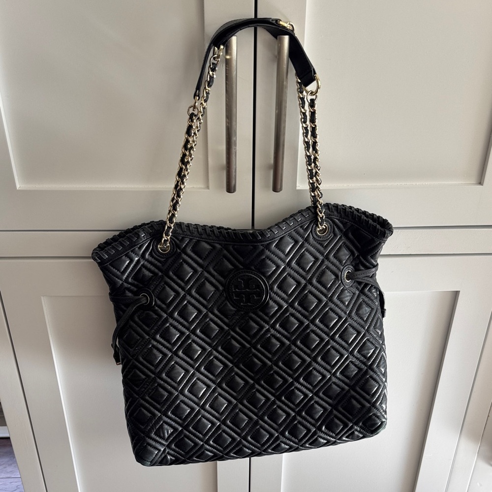 Tory Burch Marion Whipstitch Black Quilted Tote Bag
